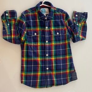 Boden Men's Navy Plaid Button-Down Shirt with Multicolor Stripes